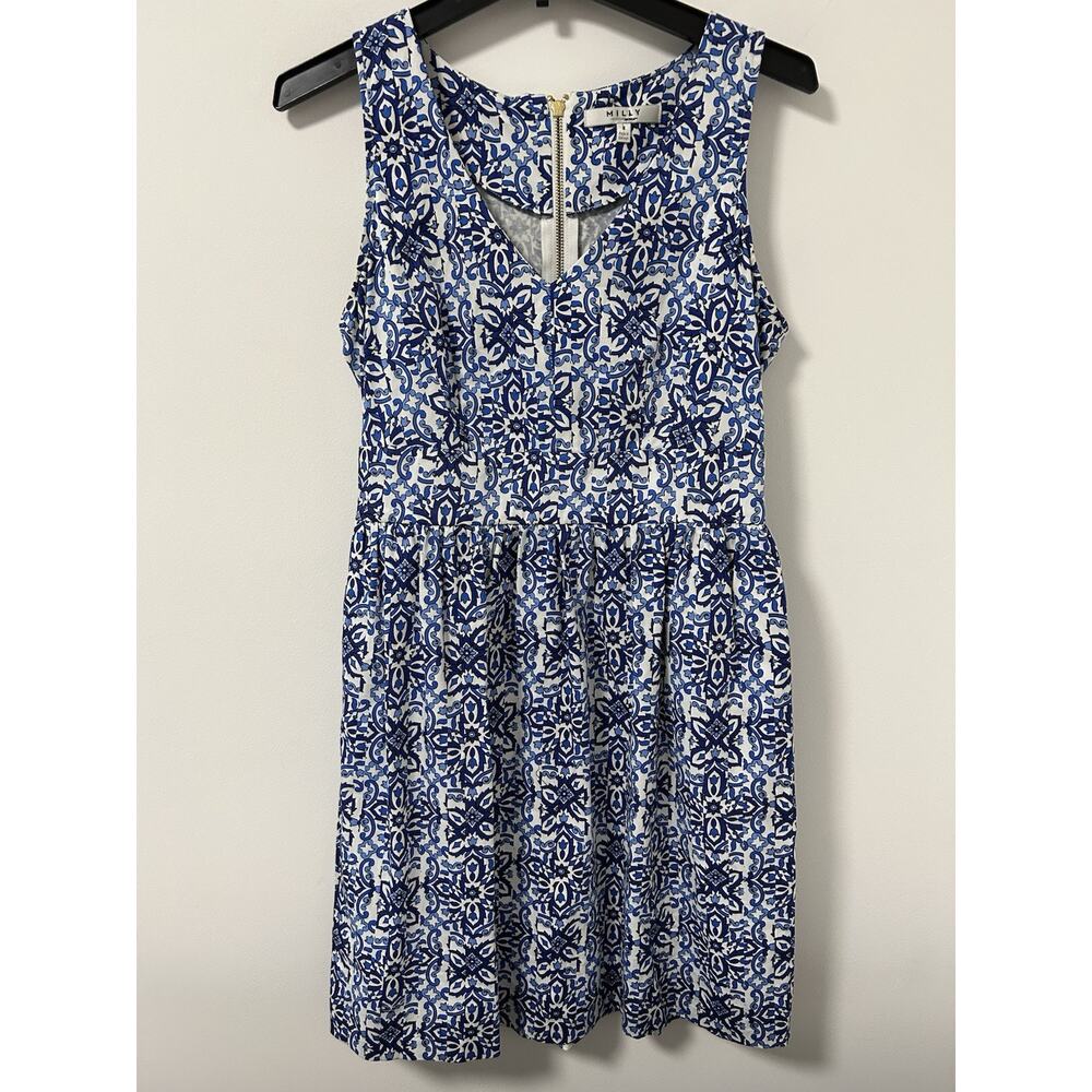 Vintage Milly New York Trellis Print Dress Blue White Short V Neck Shift Women 8